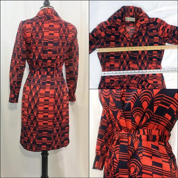 Vintage Lanvin Dress 1970s Op Art Print Red Blue Shirtwaist Psychedelic - Picture 7 of 8